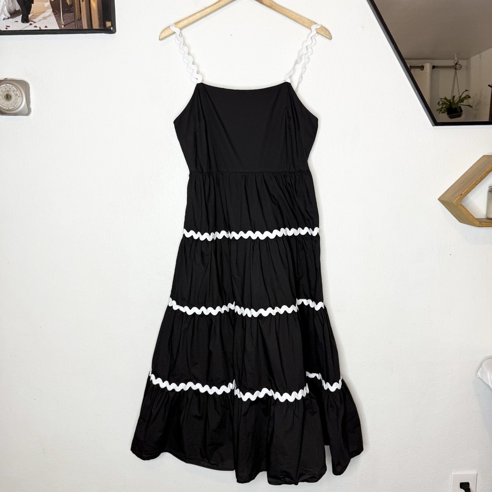 Rihoas Black Ric Tac‎ Trim Midi Dress Minimalist Resortwear Women's Medium